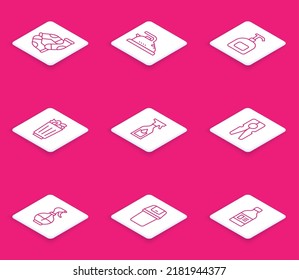 Set line Socks, Electric iron, Bottle of liquid soap, Full trash can, Cleaning spray bottle, Clothes pin, Water and Trash icon. Vector