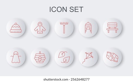 Set line Socks, Ghost, Garden rake, Kite, Winter hat, Raincoat, Hive for bees and Leaf icon. Vector