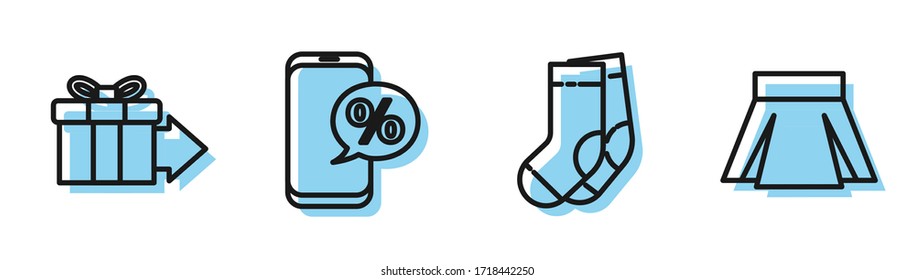 Set line Socks, Gift box, Percent discount and phone and Skirt icon. Vector