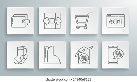 Set line Socks, Gift box, Waterproof rubber boot, Discount percent tag, Percent discount and phone, Shopping cart, Page with 404 error and Wallet icon. Vector