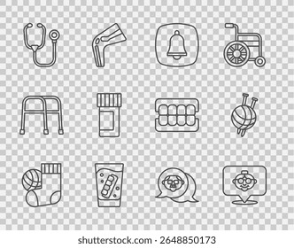 Set line Socks, Grandmother, Emergency phone call, False jaw in glass, Stethoscope, Medicine bottle pills, Grandfather and Yarn ball with knitting needles icon. Vector