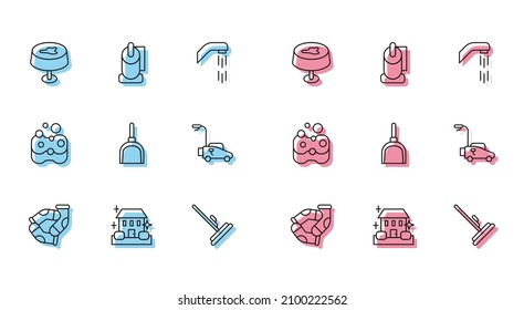 Set line Socks, Home cleaning service, Stain on the tablecloth, Mop, Dustpan, Lawn mower, Sponge and Toilet paper roll icon. Vector