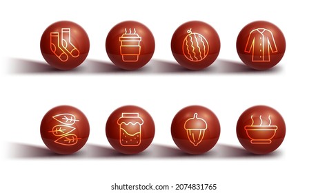 Set line Socks, Leaf or leaves, Raincoat, Acorn, Jam jar, Coffee cup to go, Bowl hot soup and Watermelon icon. Vector