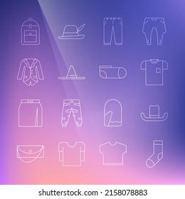 Set line Socks, Man hat, Polo shirt, Pants, Gardener worker, Blazer jacket, Backpack and Sport socks icon. Vector