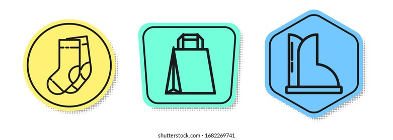 Set line Socks, Paper shopping bag and Waterproof rubber boot. Colored shapes. Vector
