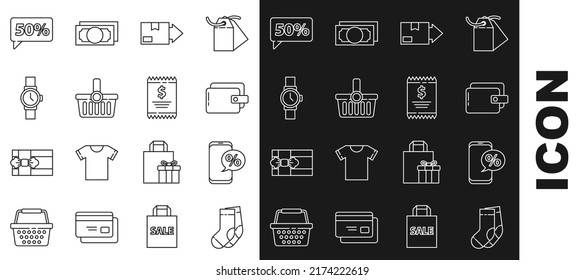 Set line Socks, Percent discount and phone, Wallet, Carton cardboard box, Shopping basket, Wrist watch, Fifty percent tag and Paper check financial check icon. Vector