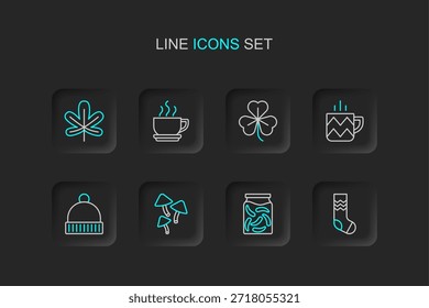 Calcetines, pepinos en vinagre en un frasco, champiñón, sombrero de invierno, taza de té, trébol, taza de café y el icono de la hoja de castaño. Vector