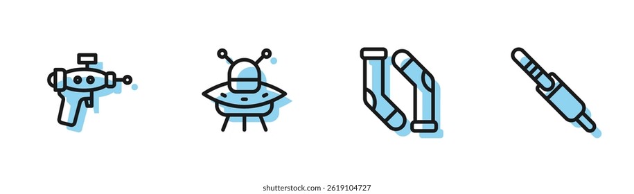 Set line Socks, Ray gun, UFO flying spaceship and Audio jack icon. Vector
