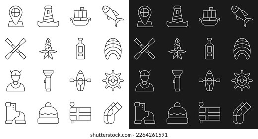 Set line Socks, Ship steering wheel, Fish steak, Viking ship Drakkar, Lupine flower, Oars or paddles boat, Location flag Iceland and Bottle of vodka icon. Vector