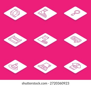 Set línea Calcetines, zapatillas con calcetines, lupa, péndulo, hamburguesa, certificado de Plantilla, sombrero de hombre e icono de portátil. Vector