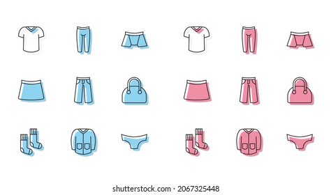 Set-Line Socken, Sweater, T-Shirt, Männer Unterhosen, Pants, Handtasche, Rock und Leggings Symbol. Vektorgrafik