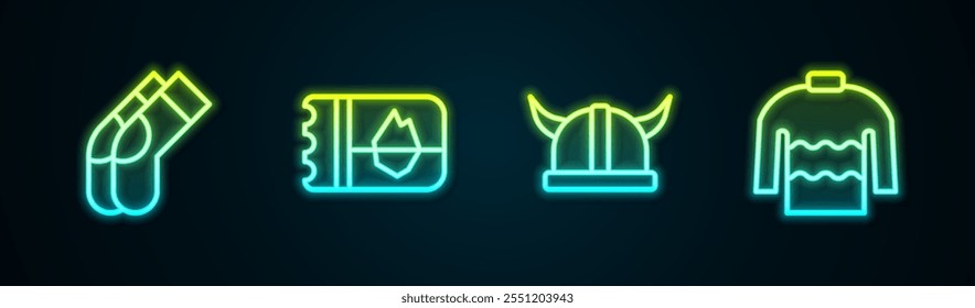 Set line Calcetines, Ticket en Islandia, Casco vikingo y Suéter. Icono de neón brillante. Vector