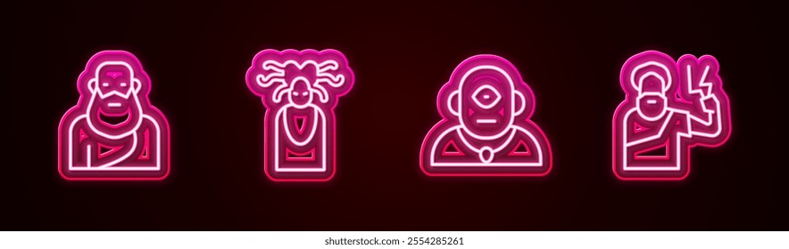 Set line Socrates, Medusa Gorgon, Cyclops and Zeus. Glowing neon icon. Vector