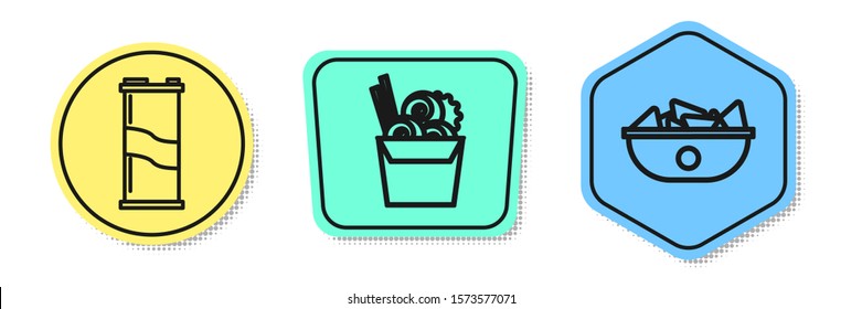 Set line Soda can, Asian noodles in paper box and chopsticks and Nachos in plate. Colored shapes. Vector