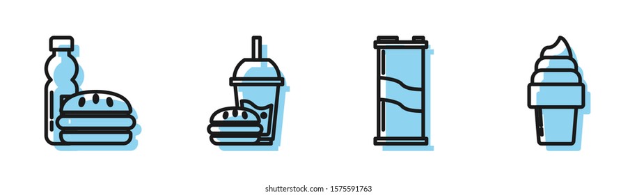Set line Soda can, Bottle of water and burger, Paper glass with drinking straw and burger and Ice cream in waffle cone icon. Vector