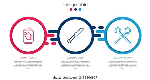 Set line Latas de soda, Cuchillo de pan y brochetas de barbacoa. Plantilla de infografía de negocios. Vector