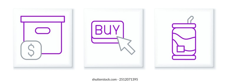 Set line Soda can, Carton cardboard box with price and Buy button icon. Vector