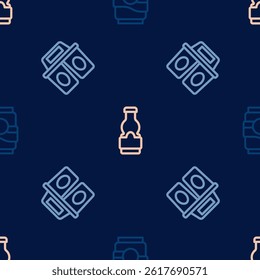 Set line Soda can, Coffee cup to go and Sauce bottle on seamless pattern. Vector