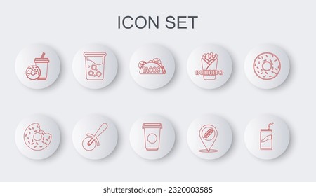 Set line Soda can with drinking straw, Donut, Taco tortilla, Location hotdog, donut, Glass water, Pizza knife and Coffee cup icon. Vector