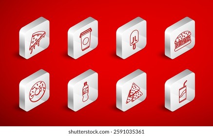 Set line Soda can with drinking straw, Coffee cup, Ice cream, Burger, Nachos, Slice pizza, Bottle water and Donut icon. Vector