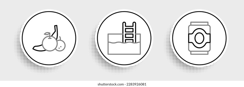 Set line Soda can, Fruit and Swimming pool with ladder icon. Vector