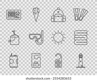 Set line Soda can, Lighthouse, Hiking backpack, Please do not disturb, Passport with visa stamp, Diving mask and snorkel,  and Towel stack icon. Vector