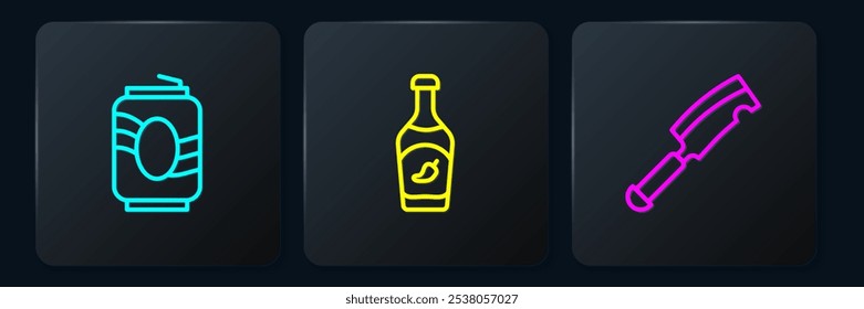 Set line Soda can, Meat chopper and Ketchup bottle. Black square button. Vector