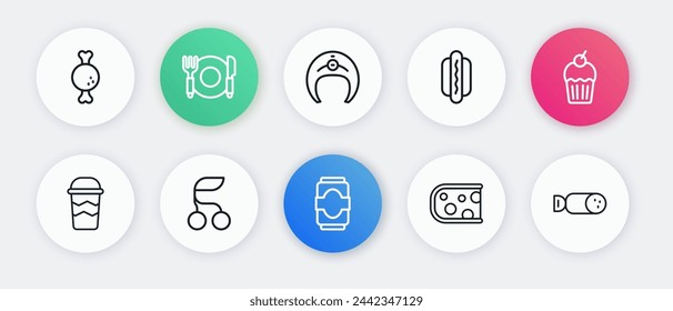 Set line Soda can, Muffin, Coffee cup to go, Cheese, Hotdog, Fish steak, Salami sausage and Fresh berries icon. Vector