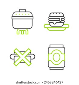 Set line Soda can, No junk food, Junk and Cooking pot icon. Vector