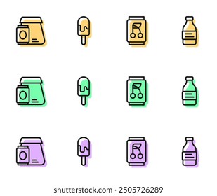 Set line Soda can, Online ordering food, Ice cream and Bottle of water icon. Vector