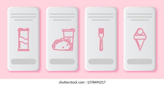 Set line Soda can, Paper glass and taco with tortilla, Fork and Ice cream in waffle cone. White rectangle button. Vector