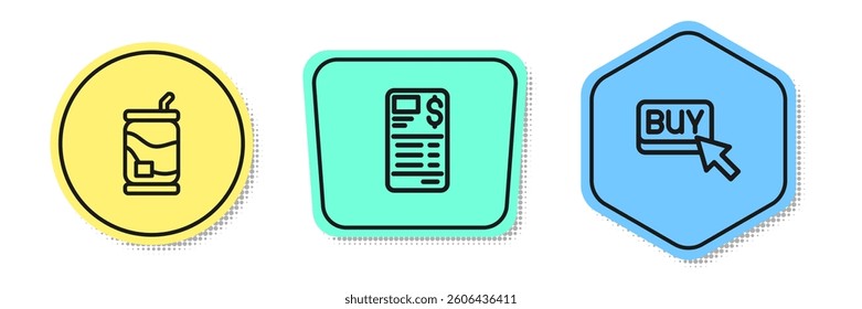Set line Soda can, Paper or financial check and Buy button. Colored shapes. Vector
