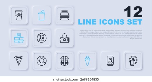 Set line Soda can, Round the clock delivery, Coffee cup to go, Ice cream in waffle, Donut, Paper glass with water and Lunch box icon. Vector