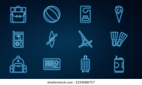 Set line Soda can, Rubber flippers, Please do not disturb, Kayak or canoe and paddle, Travel brochure, Hiking backpack, Sunbed and Beach ball icon. Vector