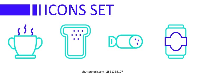 Set line Soda can, Salami sausage, Bread toast and Bowl of hot soup icon. Vector