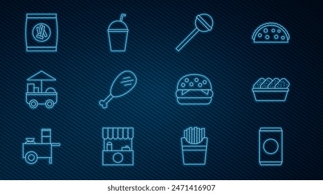 Set line Lata de soda con paja, nuggets de pollo en caja, piruleta, pierna, Carrito de comida rápida de la calle, galletas de mandril de pan duro, hamburguesa y batido icono. Vector