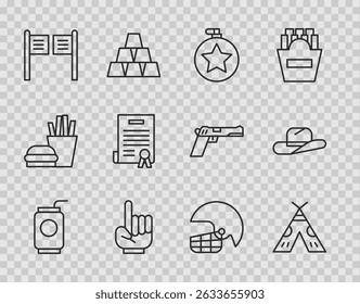 Set line Soda can con paja, botella de agua de la cantina, número 1 un guante de la mano del ventilador, puerta del salón, declaración de independencia, casco de fútbol americano e icono de sombrero de vaquero occidental. Vector