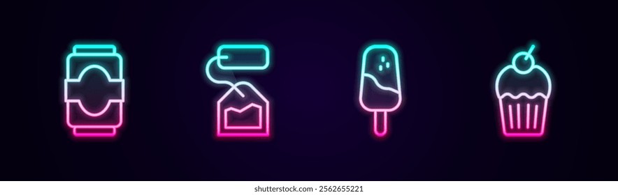 Set line Soda can, Tea bag, Ice cream and Muffin. Glowing neon icon. Vector