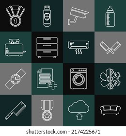 Set line Sofa, Air conditioner, Crossed meat chopper, Security camera, Furniture nightstand, Toaster with toasts, Medal and  icon. Vector