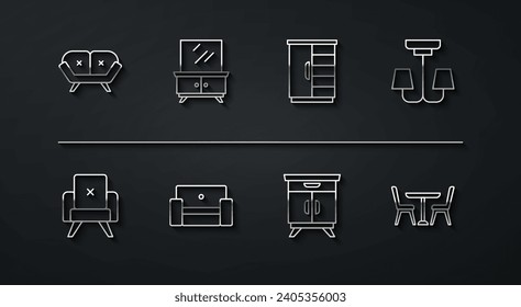 Set line Sofa, Armchair, Chandelier, Furniture nightstand, Dressing table, Table with and Wardrobe icon. Vector