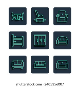 Set line Sofa, Armchair, Wardrobe, Bunk bed, Table with and  icon. Vector