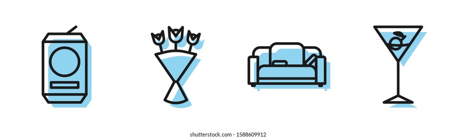 Set line Sofa , Beer can , Bouquet of flowers  and Martini glass  icon. Vector