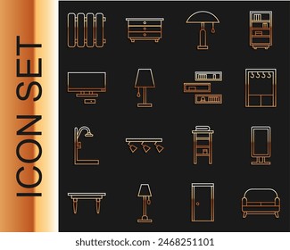 Set line Sofa, Big full length mirror, Wardrobe, Table lamp, Smart Tv, Heating radiator and Shelf with books icon. Vector