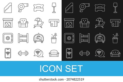 Set line Sofa, Bottle champagne, Credit card, Bedroom, Armchair, Interior fireplace, Stairs and Sunbed with umbrella icon. Vector