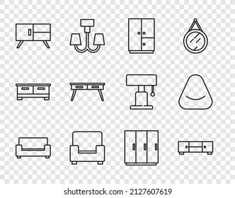 Set line Sofa, Chest drawers, Wardrobe, Armchair, Office desk, and Pouf icon. Vector