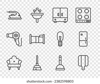 Set line Sofa, Cutting board, Wardrobe, Handle broom, Electric iron, Bed, Rubber plunger and Refrigerator icon. Vector