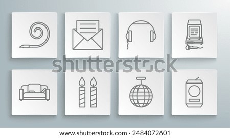 Set line Sofa, Envelope with invitation card, Birthday cake candles, Disco ball, Beer, Headphones, Karaoke and party horn icon. Vector