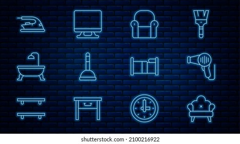 Set line Sofa, Hair dryer, Armchair, Rubber plunger, Bathtub, Electric iron, Bed and Smart Tv icon. Vector