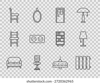 Set line Sofa, Heizkörper, Geschlossene Tür, Bürostuhl, Stuhl, Steckdose, Kronleuchter und Tischlampe Symbol. Vektorgrafik