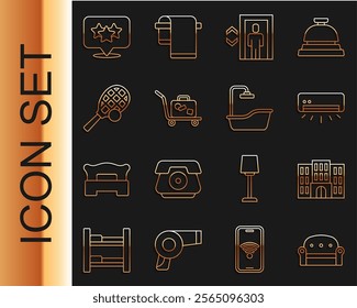 Set line Sofa, Hotel building, Air conditioner, Lift, Trolley suitcase, Tennis racket with ball, Stars rating and Bathtub icon. Vector